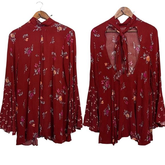 Free People Women's NWT Brick Red Floral Bell Sleeve Tate Printed Tunic XS - Picture 2 of 12